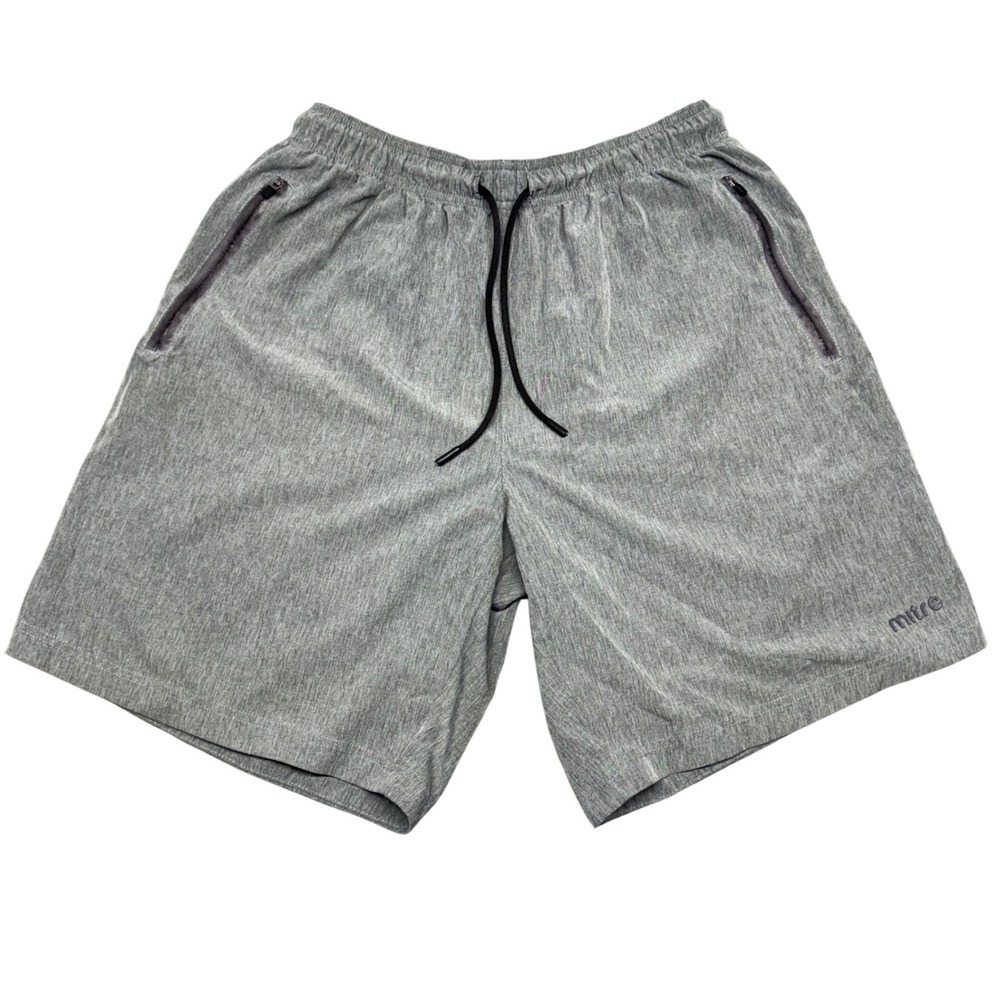 Mitre Mens Heather Grey Athletic Shorts Zipper Pockets Drawstring Size Large